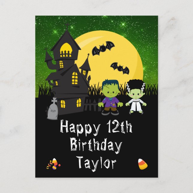 Carte Postale Monstres d'Halloween Vert Joyeux Anniversaire (Devant)