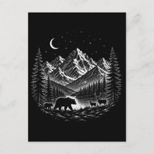 Carte Postale Montagne Mystique, Nuit Sauvage, Style Linogravure