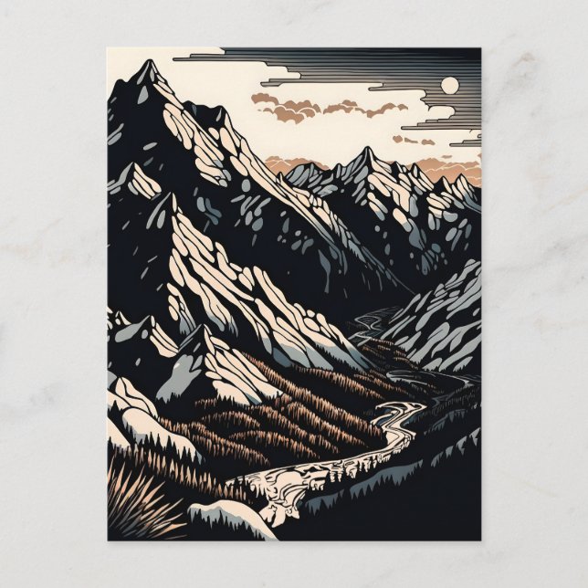 Carte Postale Montagnes Paysage Vintage voyage Linocut Art (Devant)