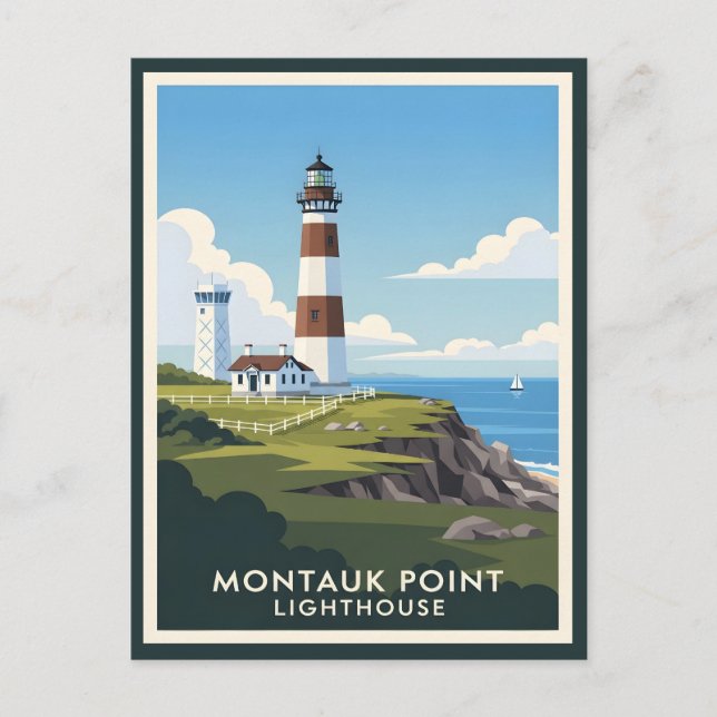 Carte Postale Montauk Point Lighthouse, Coastal Cliff & Sailboat (Devant)
