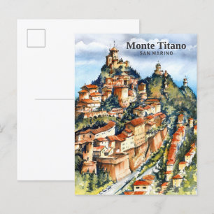 Carte Postale Monte Titano San Marino Aquarelle Peinture Voyage