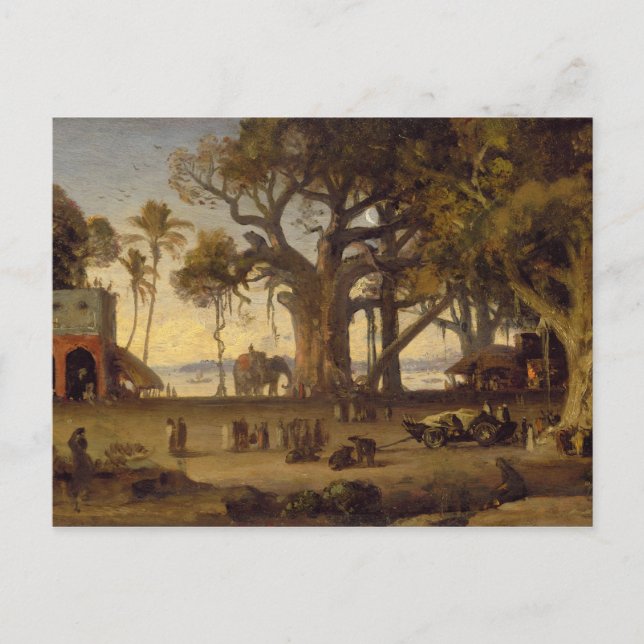 Carte Postale Moonlit Scene of Indian Figures and Elephants amon (Devant)