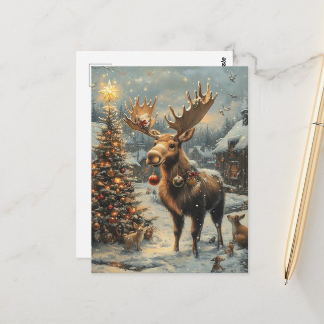 Carte Postale Moose de Noël (Devant/Arrière en situation)