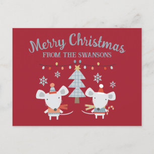 Carte Postale Morceaux et arbre de Noël mignons sur le rouge Bou
