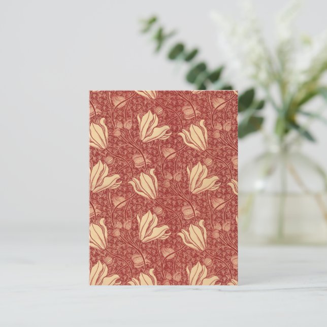 Carte Postale Morris Inspiré Lily Flower Botanique Rouge Textile (Debout devant)