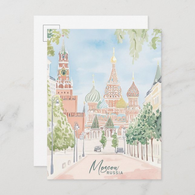 Carte Postale Moscou Russie Gouache Peinture Voyage (Devant / Derrière)