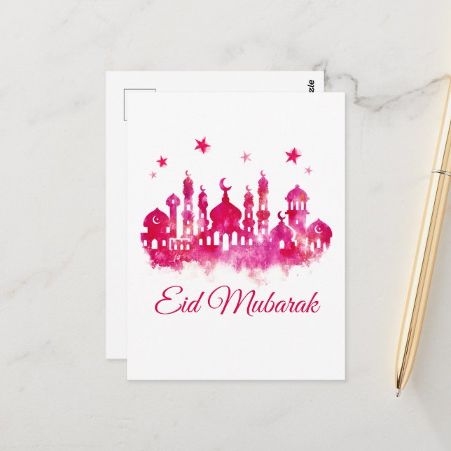 Carte Postale Mosquée de l'Aquarelle de l'Aïd Moubarak (Devant/Arrière en situation)
