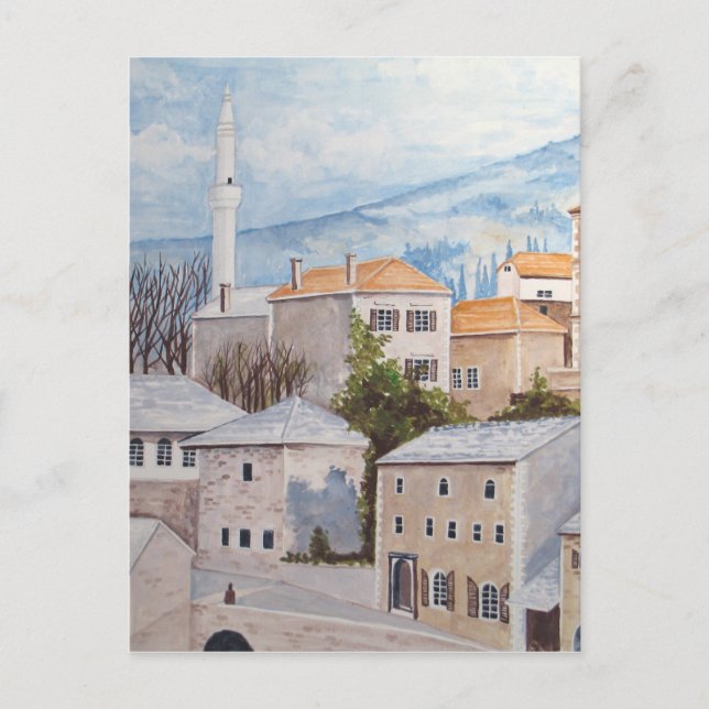 Carte Postale Mostar, Bosnie - Peinture Townscape Acrylique (Devant)