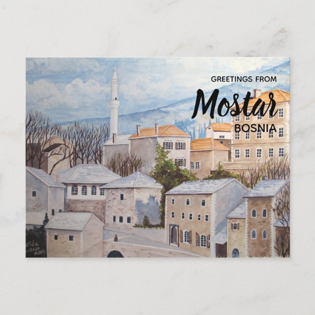 Carte Postale Mostar, Bosnie - Peinture Townscape Acrylique (Devant)