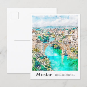Carte Postale Mostar Bosnie Voyage Aquarelle main tirée