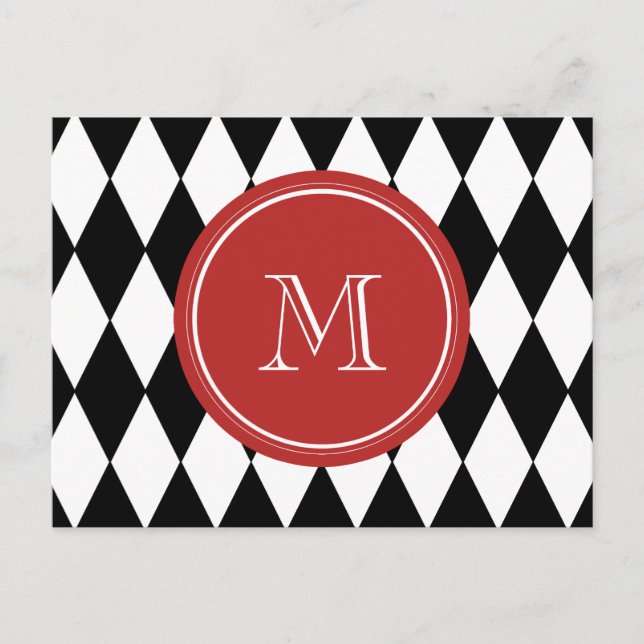 Carte Postale Motif Arlequin blanc noir, Monogramme rouge (Devant)