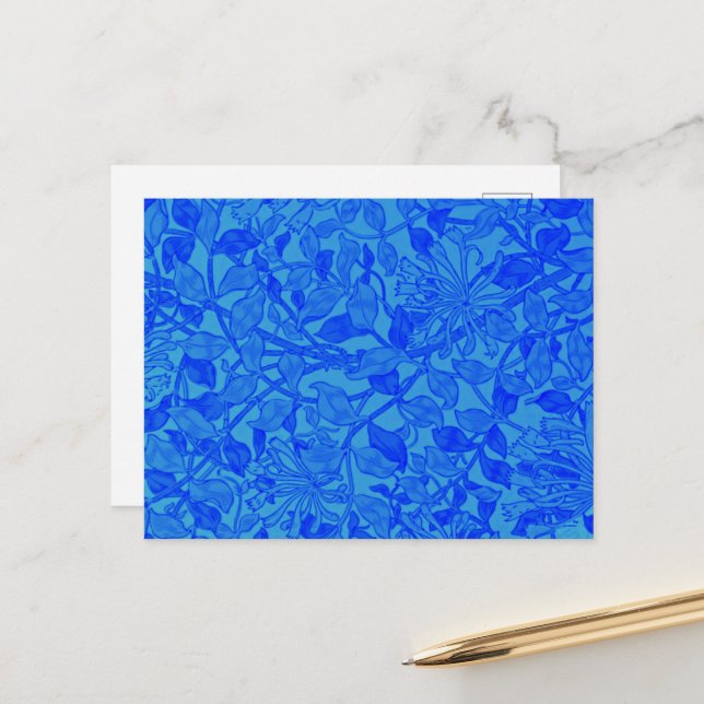 Carte Postale Motif Belle Chèvre feuille bleue par W. Morris (Devant/Arrière en situation)