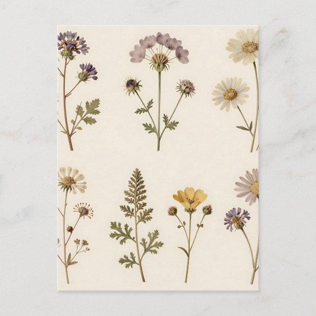 Carte Postale Motif botanique de fleurs sauvages pressées vintag (Devant)