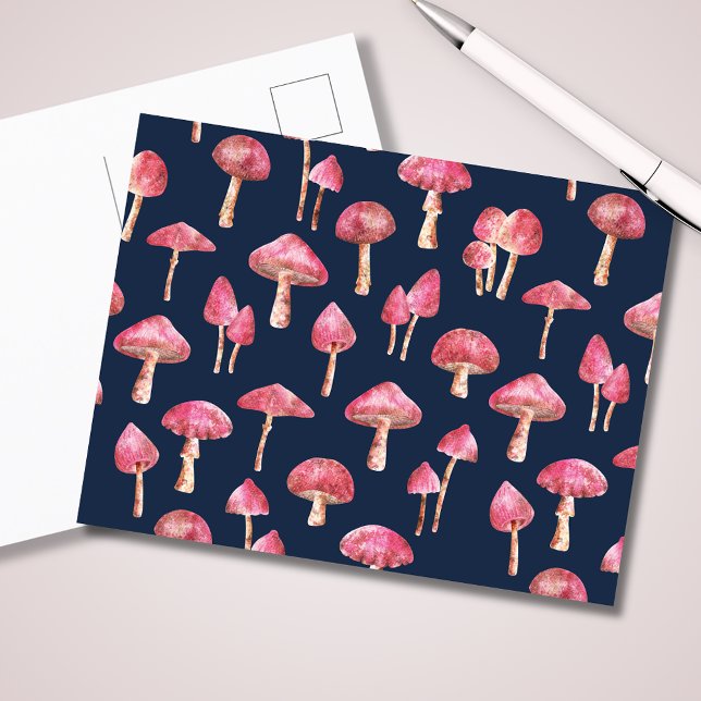 Carte Postale Motif d'aquarelle de champignon (Pink mushroom original watercolor illustration on blue.  Matching woodland forest items available.)