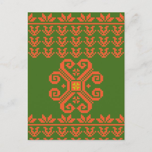Carte Postale Motif d'art populaire lituanien vert et orange (Devant)