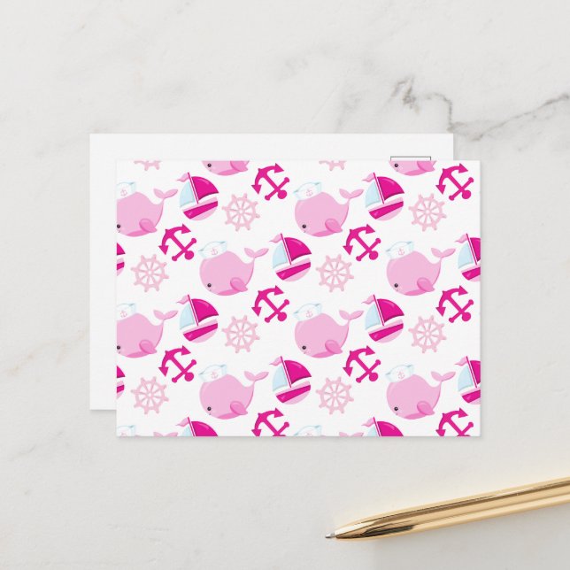 Carte Postale Motif De Baleines, Beaux Baleines, Baleines Roses (Devant/Arrière en situation)