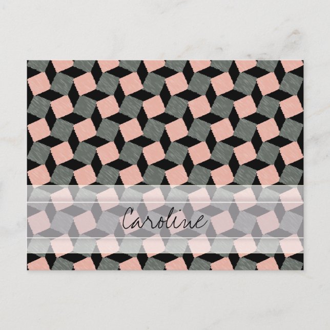 Carte Postale Motif de Carré géométrique Monogramme gris rose (Devant)