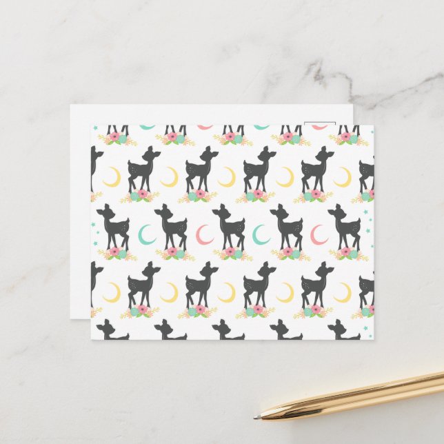 Carte Postale Motif de cerfs, Cerf de bébé, Boho, Fleurs, Lune (Devant/Arrière en situation)