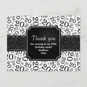 Carte Postale Motif de chiffres pour les 20 ans Merci Noir/Blanc