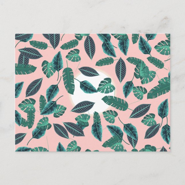 Carte Postale Motif de coucher de soleil Feuille vert rose d'été (Devant)