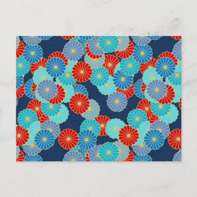 Carte Postale Motif de fleurs Art Déco - bleu, turquoise et roug (Devant)