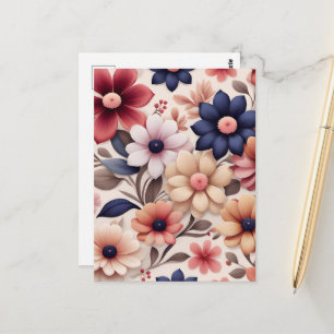 Carte Postale Motif de fleurs et de feuilles roses gras