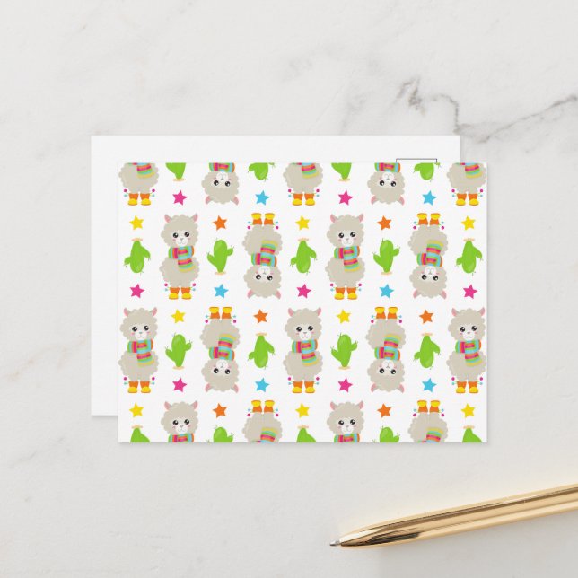 Carte Postale Motif de lamas, Lamas mignons, Alpagas, Cactus (Devant/Arrière en situation)