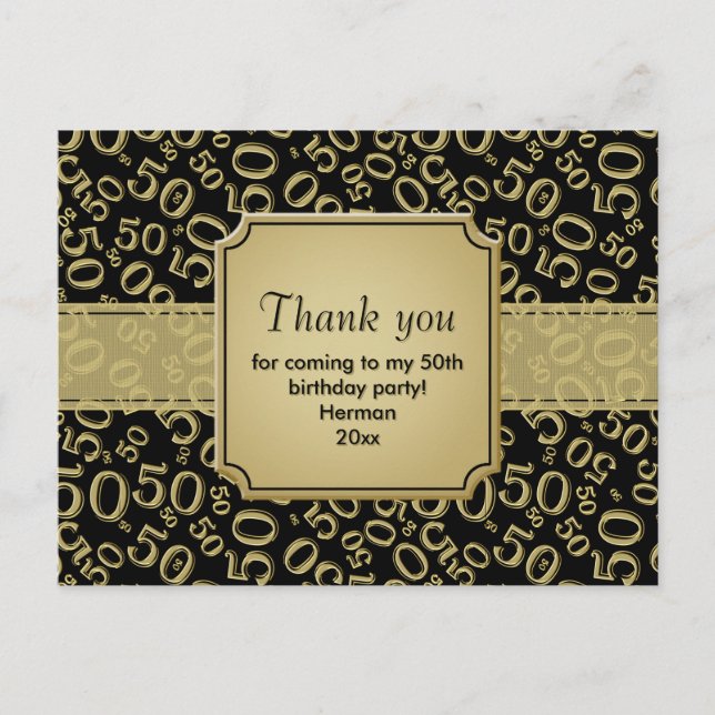 Carte Postale Motif de nombre d'anniversaire 50 ans Merci Or/Noi (Devant)