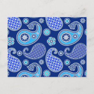 Carte Postale Motif de Paisley, bleu cobalt et blanc