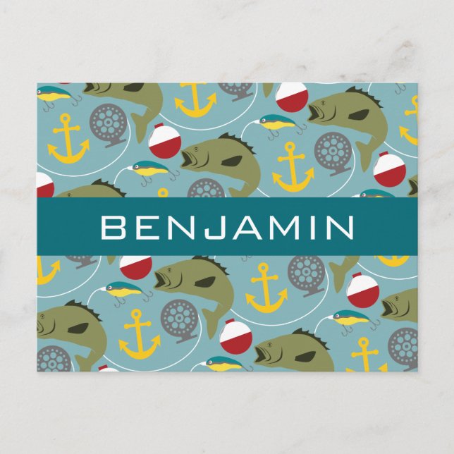 Carte Postale Motif de pêche avec nom personnalisé (Devant)