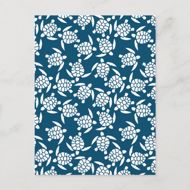Carte Postale Motif de tortue de style côtier blanc et bleu (Devant)