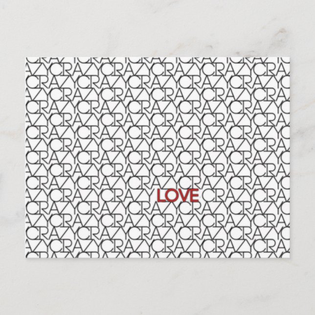 Carte Postale motif de typographie "fou, amoureux" en noir blanc (Devant)