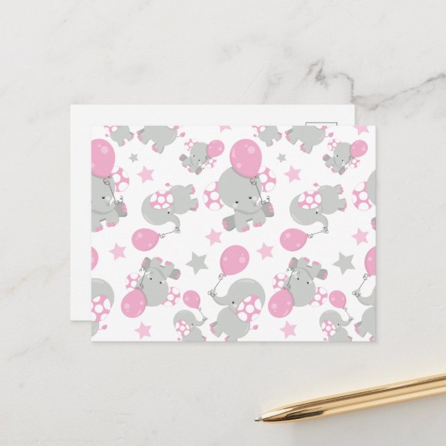 Carte Postale Motif d'éléphants, éléphants mignons - Rose gris (Devant/Arrière en situation)