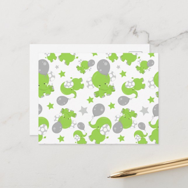 Carte Postale Motif d'éléphants verts, éléphants mignons, étoile (Devant/Arrière en situation)