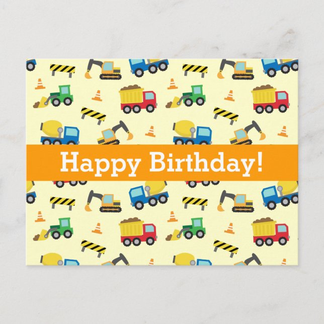 Carte Postale Motif des véhicules de construction, Joyeux annive (Devant)