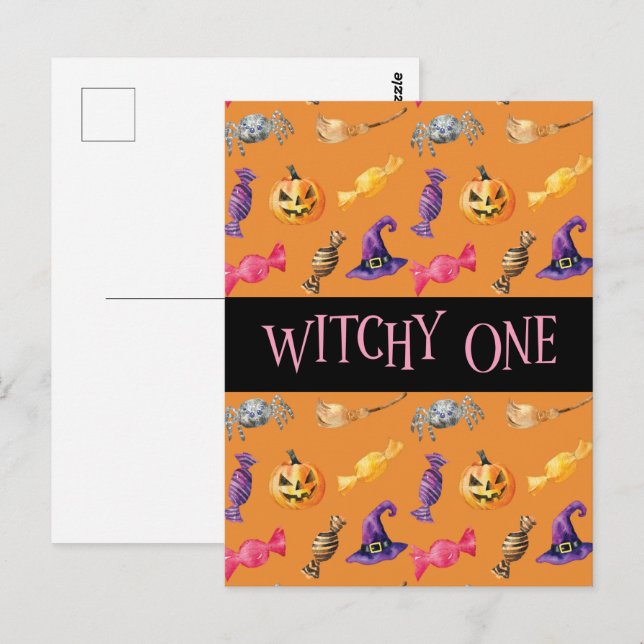 Carte Postale motif d'Halloween orange "Witchy One" (Devant / Derrière)