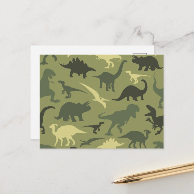 Carte Postale Motif Dinosaure, Silhouette Dinosaure, Dino Vert (Devant/Arrière en situation)
