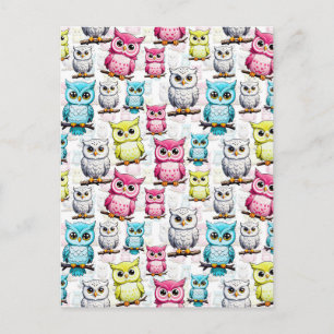 Carte Postale Motif d'oiseaux de hibou colorés sur fond blanc