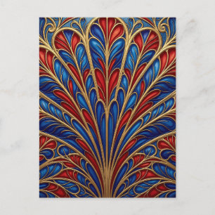 Carte Postale Motif éventail paon orné rouge bleu or royal