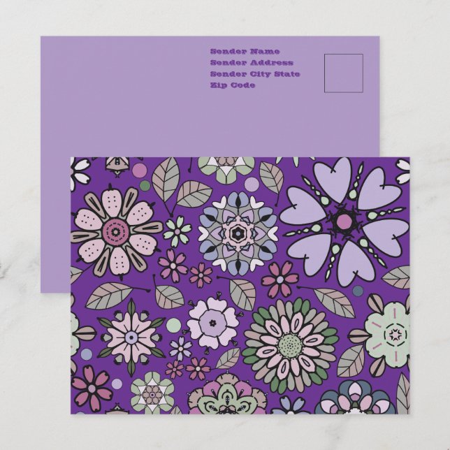 Carte Postale Motif floral sans couture rétro pastel rose violet (Devant / Derrière)