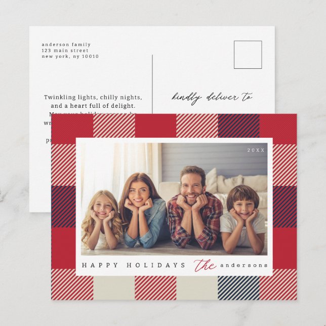 Carte Postale Motif moderne Checker Photo de famille de Noël (Devant / Derrière)