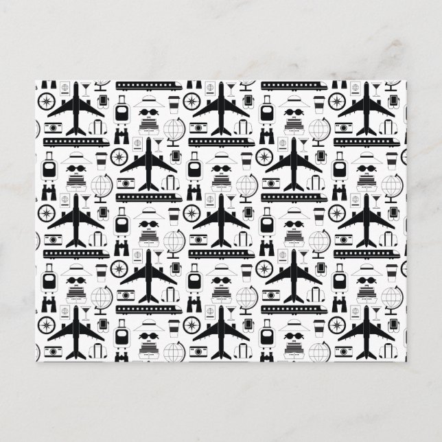 Carte Postale Motif moderne d'objets de voyage en noir et blanc (Devant)