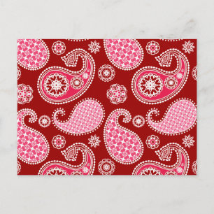 Carte Postale Motif Paisley, rouge foncé, rose et blanc