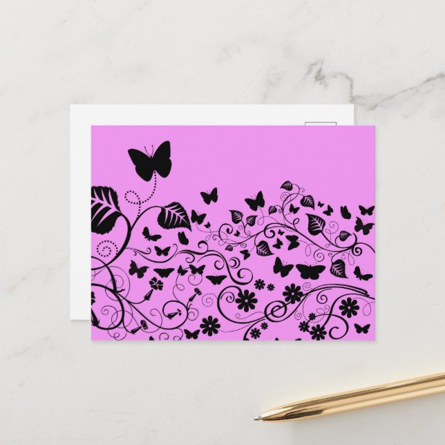 Carte Postale Motif Papillon, Motif De Papillons, Rose (Devant/Arrière en situation)