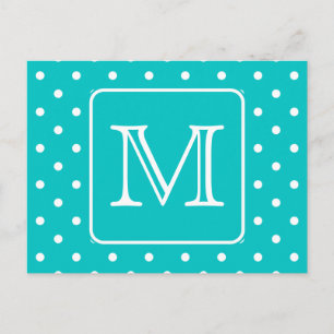 Carte Postale Motif Polka turquoise et blanc. Monogramme personn