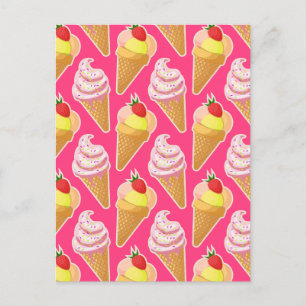 Carte Postale Motif rose Kawaii avec crème glacée aux fraises
