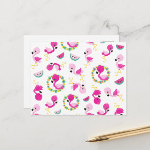 Carte Postale Motif tropical, Flamants roses, pastèques, Fleurs