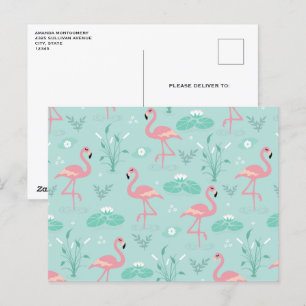 Carte Postale Motif vert Flamants roses rose Pastel