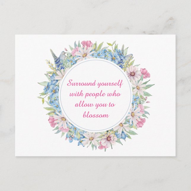 Carte Postale Motivationnel Rose Blanc Bleu Floral Wreath (Devant)