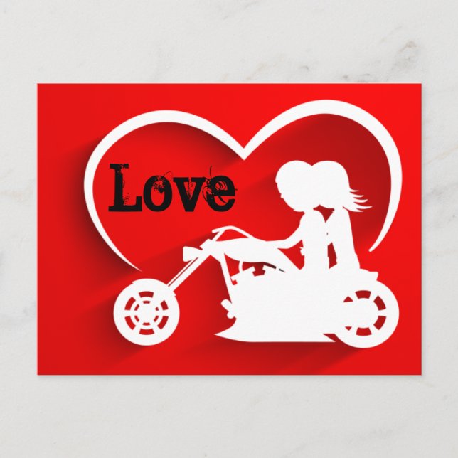 Carte Postale Moto à équitation couple, coeur et amour (Devant)